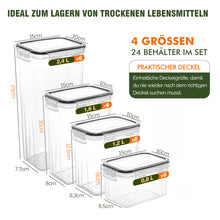 Lade das Bild in den Galerie-Viewer, Vorratsdosen Mit Deckel Luftdicht (4 Größen), 24er Set Organizer Box, BPA-frei Aufbewahrungsbox Küche, Frischhaltedosen für Mehl, Müsli, Cornflakes, Vorratsbehälter Mit Etikett