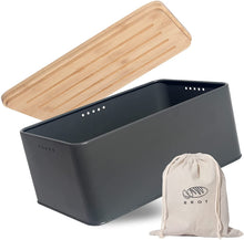 Lade das Bild in den Galerie-Viewer, Brotkasten mit Schneidebrett, Matte Brotbox mit Holzdeckel und Leinen Brotbeutel, Rundum Belüftung, Brotkorb für langanhaltende Frische Grau