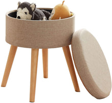 Lade das Bild in den Galerie-Viewer, Aufbewahrungsbox Stuhl Ottoman Polstersitz aus Leinen und Massivholz (Beige)