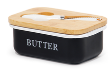 Lade das Bild in den Galerie-Viewer, Butterdose mit Holzdeckel, Butterglocke für 250 g Butter, Multi-Funktion Butter Dish, Edlem &amp; Nachhaltigem Bambusdeckel (Schwarz+buttermesser)
