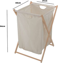 Lade das Bild in den Galerie-Viewer, Wäschekorb Holz 66L,Wäschekorb aus Baumwoll-Leinen-Stoff und mit Kieferholzrahmen, Natur holzrahmen (Beige)
