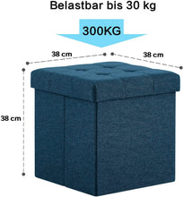 Lade das Bild in den Galerie-Viewer, Fußhocker, Fußbank Truhen Aufbewahrungsbox faltbar belastbar bis 300 kg, Leinen, 38 x 38 x 38 cm（Marineblau）
